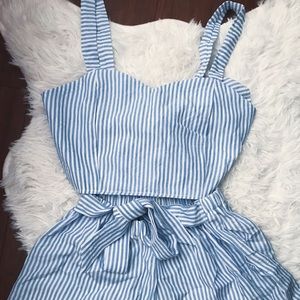 blue and white stripe crop top & shorts set